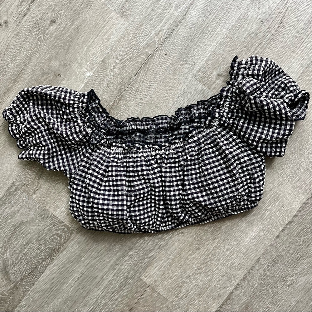 NWT Kate Spade Off The Shoulder Bikini Top Gingham Black White Padded Bandeau M - Picture 5 of 10